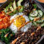 Ground beef bulgogi bowls with kimchi sauce and rice on white plate