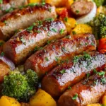 Honey garlic sheet pan sausage with sweet potatoes and broccoli on baking sheet