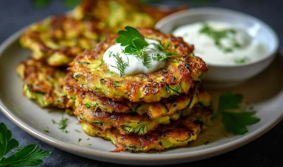 Stack of golden crispy healthy zucchini fritters on white plate with herbs
