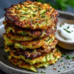 Stack of golden crispy healthy zucchini fritters on white plate with herbs