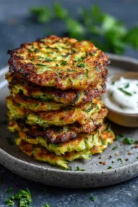 Stack of golden crispy healthy zucchini fritters on white plate with herbs