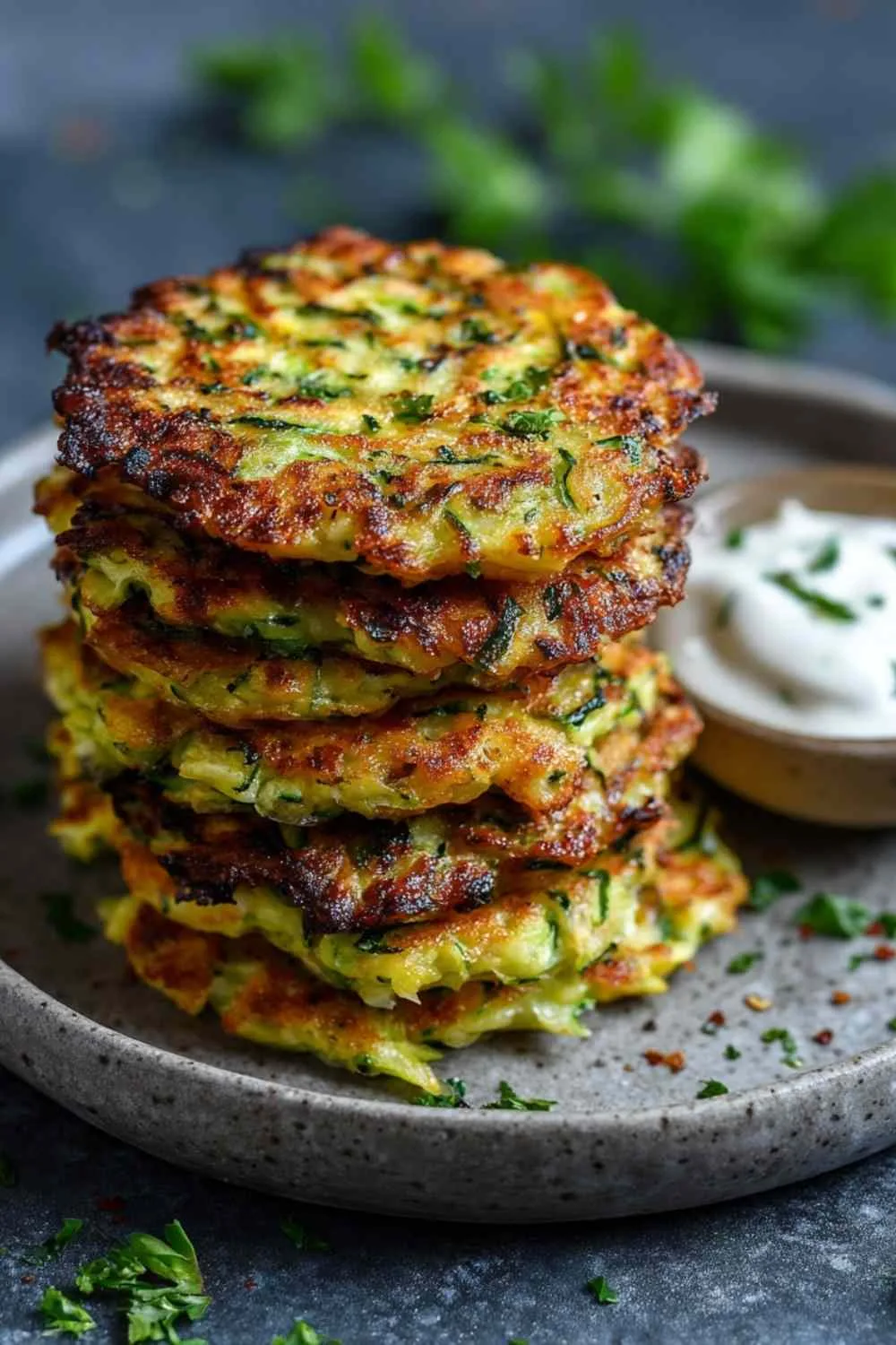 Stack of golden crispy healthy zucchini fritters on white plate with herbs