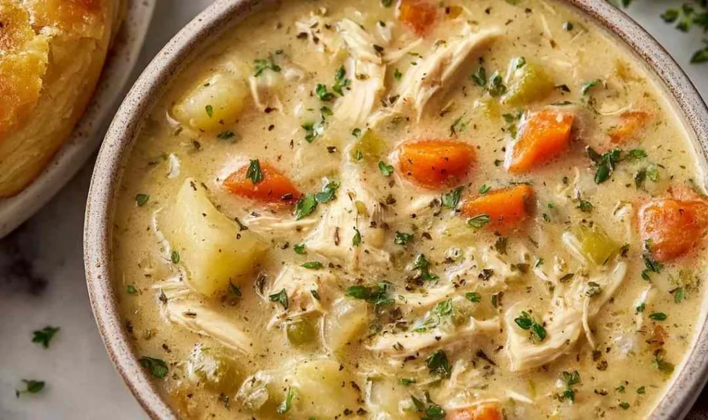 High protein chicken pot pie soup in bowl with creamy broth