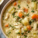 High protein chicken pot pie soup in bowl with creamy broth