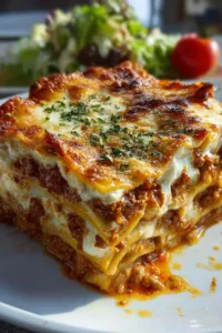 High protein cottage cheese lasagna with golden melted cheese and fresh herbs