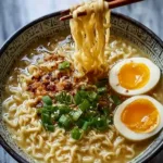 High Protein Easy Ramen Noodle Soup in white bowl with soft-boiled eggs, chicken, edamame, and green onions