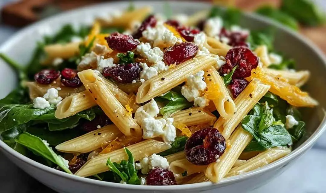 High Protein Feta Cranberry Penne Salad with Orange Vinaigrette
