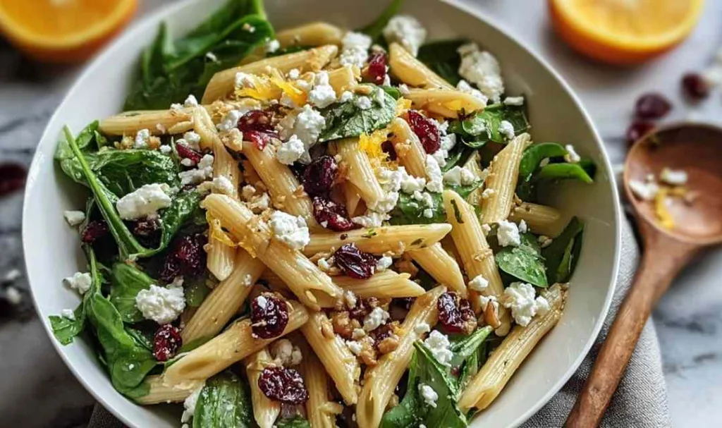 High protein feta cranberry penne salad with grilled chicken and orange vinaigrette in white bowl
