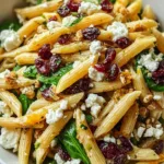 High protein feta cranberry penne salad with grilled chicken and orange vinaigrette in white bowl