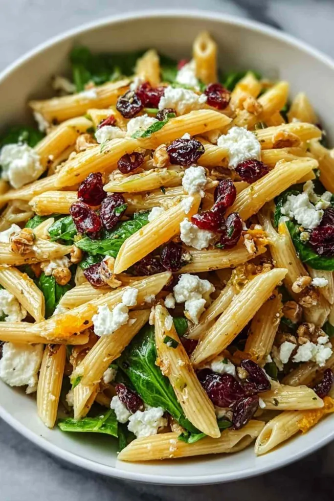 High protein feta cranberry penne salad with grilled chicken and orange vinaigrette in white bowl