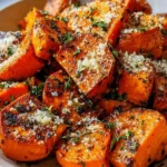 High Protein Garlic Parmesan Roasted Sweet Potatoes with chicken, chickpeas, and hard-boiled eggs on a white serving platter
