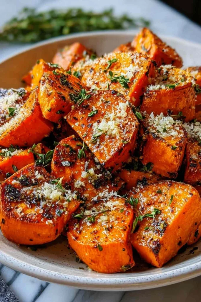 High Protein Garlic Parmesan Roasted Sweet Potatoes with chicken, chickpeas, and hard-boiled eggs on a white serving platter