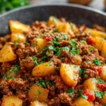 High protein ground beef with potatoes in large skillet with golden brown potatoes and seasoned beef