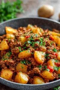 High protein ground beef with potatoes in large skillet with golden brown potatoes and seasoned beef