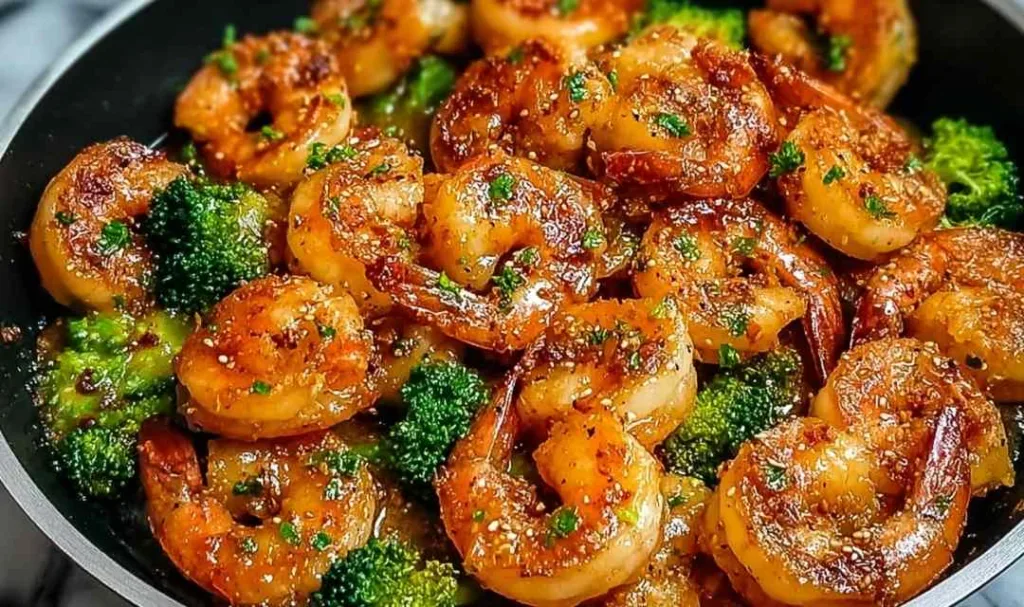 High protein honey garlic shrimp in skillet with glossy sauce