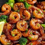 High protein honey garlic shrimp in skillet with glossy sauce