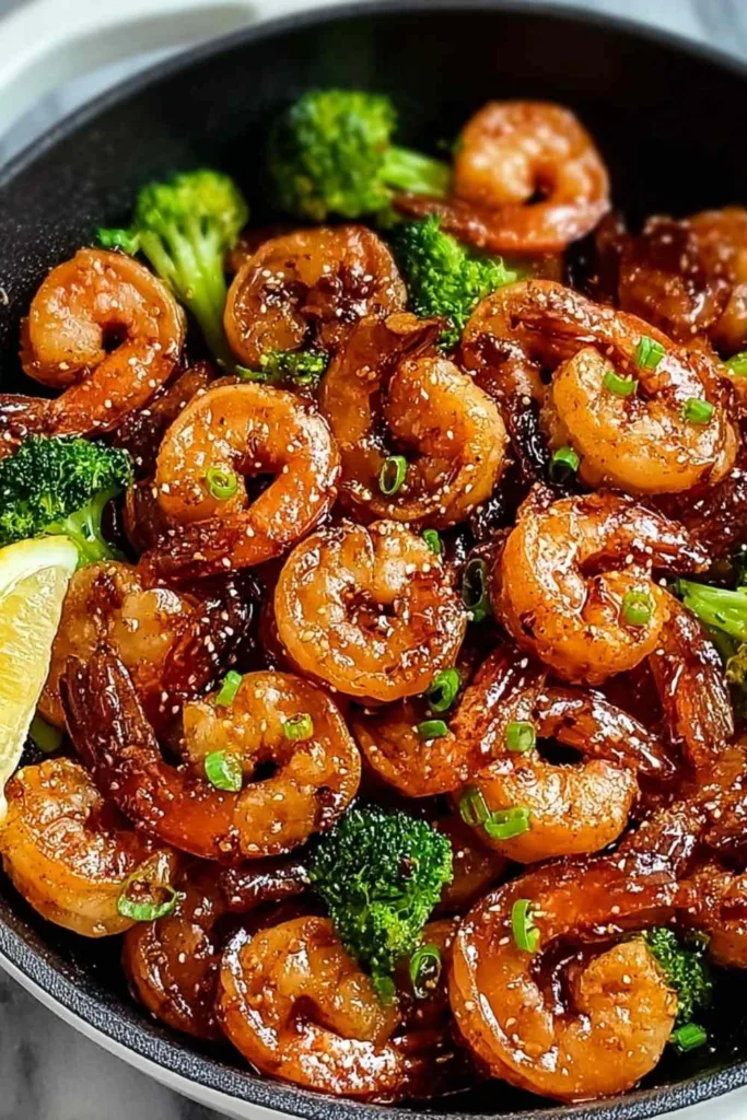High protein honey garlic shrimp in skillet with glossy sauce