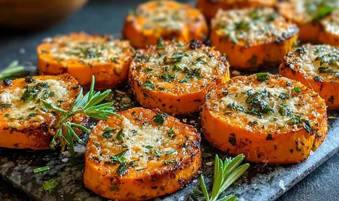 High protein parmesan herb sweet potato medallions topped with grilled chicken and melted cheese on white plate