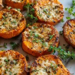 High protein parmesan herb sweet potato medallions topped with grilled chicken and melted cheese on white plate
