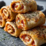 Cross section of high protein pepperoni pizza roll showing beef filling cheese and crispy wrap