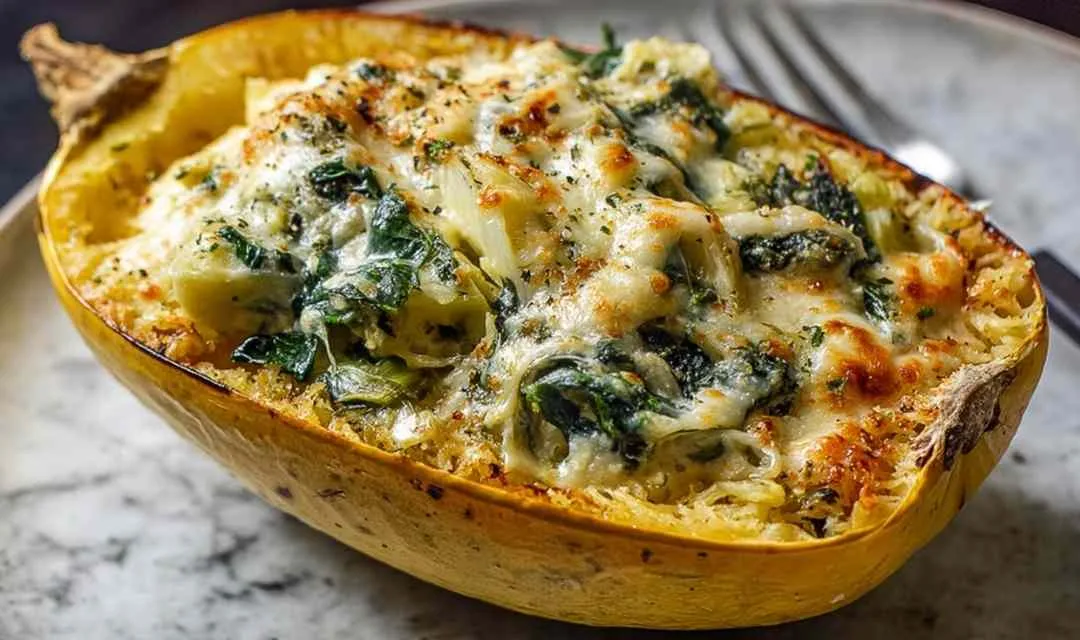 High Protein Spinach and Artichoke Stuffed Spaghetti Squash Recipe