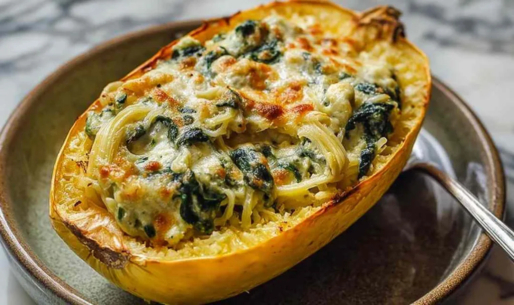 High protein spinach and artichoke stuffed spaghetti squash with melted cheese on white plate
