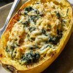 High protein spinach and artichoke stuffed spaghetti squash with melted cheese on white plate