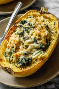 High protein spinach and artichoke stuffed spaghetti squash with melted cheese on white plate