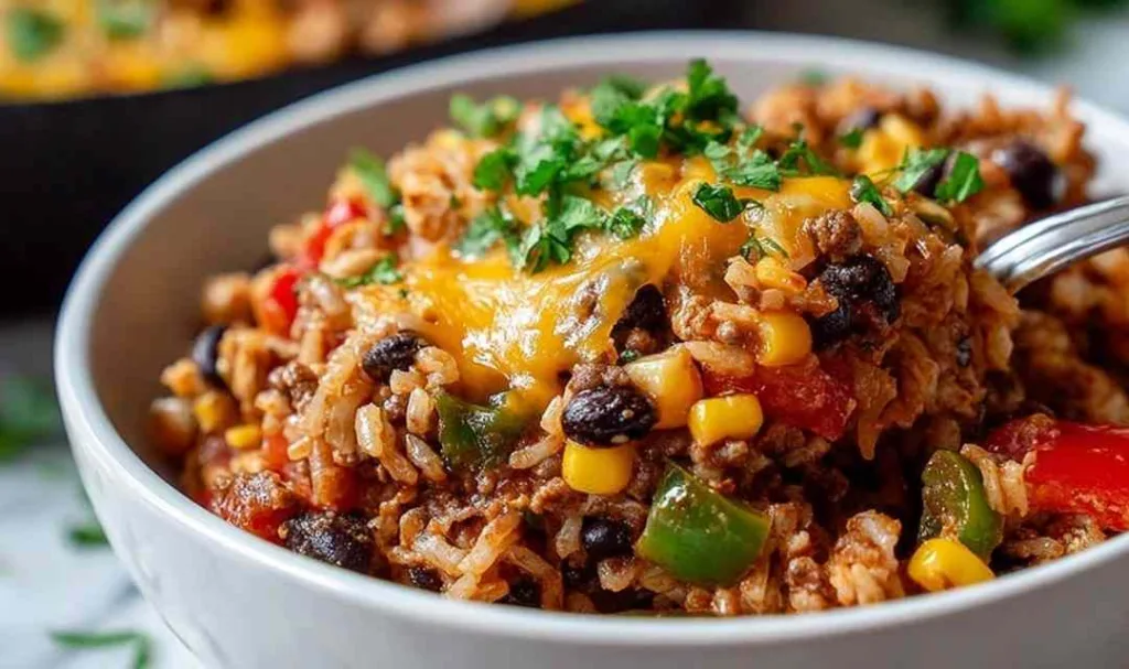 High protein unstuffed peppers in baking dish with melted cheese and colorful peppers