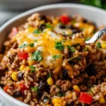 High protein unstuffed peppers in baking dish with melted cheese and colorful peppers