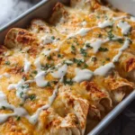 High protein chicken enchiladas with creamy white sauce and melted cheese in baking dish