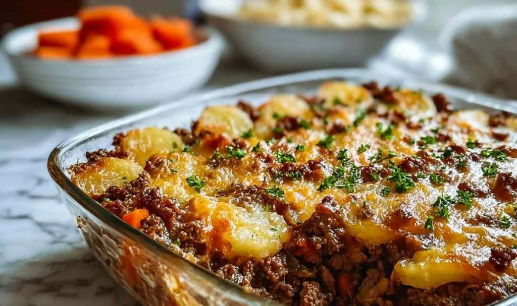 Hobo Casserole Ground Beef with golden melted cheese bubbling in baking dish