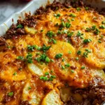 Hobo Casserole Ground Beef with golden melted cheese bubbling in baking dish