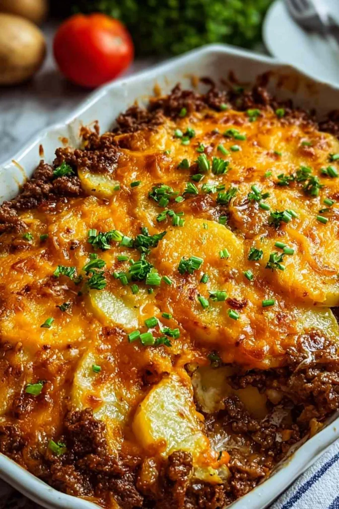 Hobo Casserole Ground Beef with golden melted cheese bubbling in baking dish