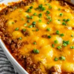 Hobo casserole with ground beef, layered potatoes, and melted cheddar cheese fresh from the oven