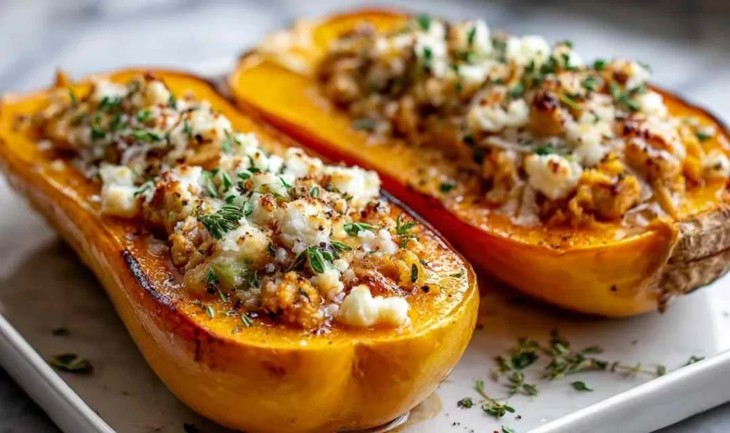 Honey roasted butternut squash stuffed with chicken on white plate garnished with herbs