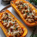 Honey roasted butternut squash stuffed with chicken on white plate garnished with herbs