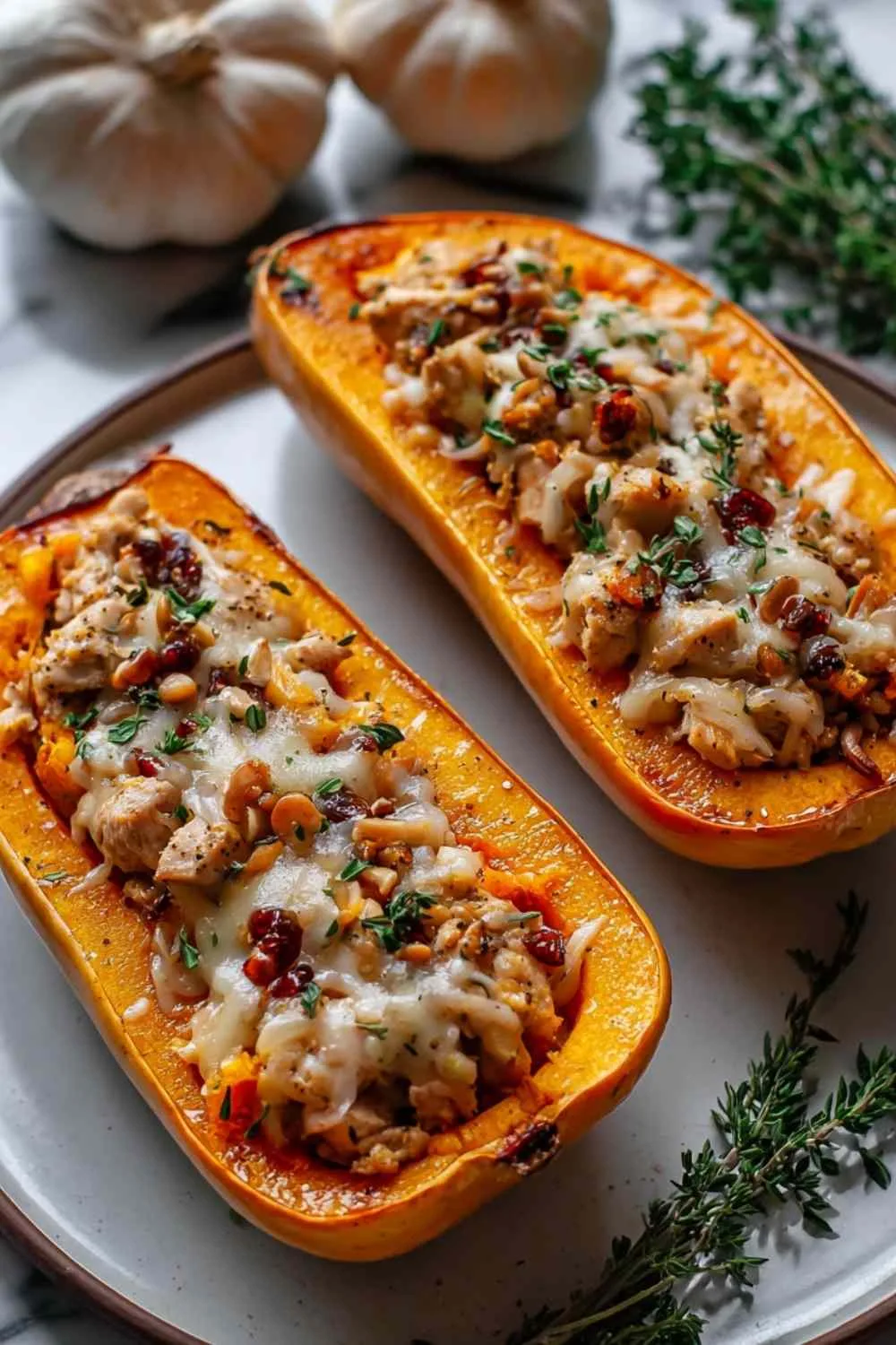 Honey roasted butternut squash stuffed with chicken on white plate garnished with herbs