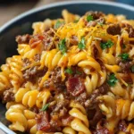 Loaded bacon cheeseburger pasta in large skillet with melted cheese and crispy bacon