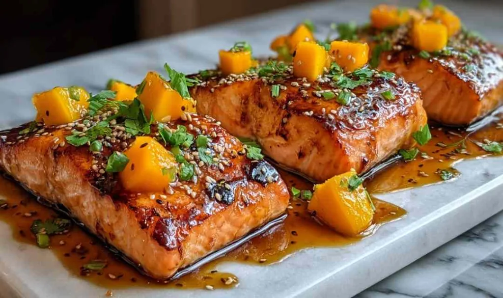 Mango Teriyaki Salmon on white plate with rice and vegetables