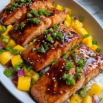 Mango Teriyaki Salmon on white plate with rice and vegetables
