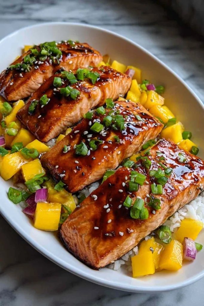 Mango Teriyaki Salmon on white plate with rice and vegetables