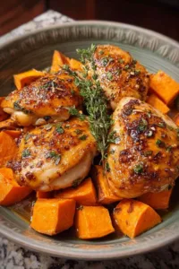 Maple glazed chicken with sweet potatoes served on white dinner plate with fresh herbs