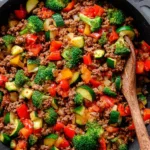 Meal prep ground beef veggie skillet with colorful vegetables in cast iron pan