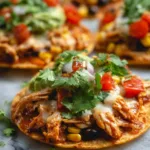 Mexican rotisserie chicken tostadas on baking sheet with melted cheese and toppings