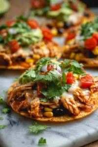 Mexican rotisserie chicken tostadas on baking sheet with melted cheese and toppings