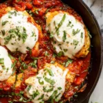 Mozzarella Chicken Skillet with melted cheese and tomato sauce
