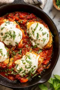 Mozzarella Chicken Skillet with melted cheese and tomato sauce
