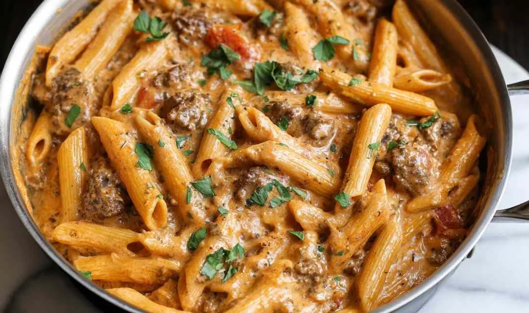 One pot creamy tomato beef pasta