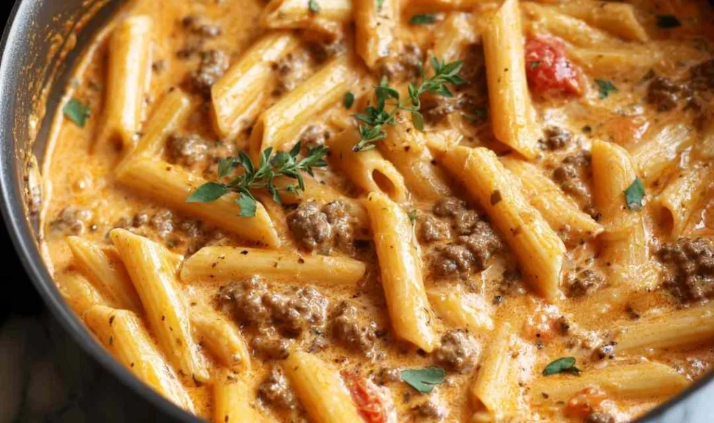 One pot creamy tomato beef pasta